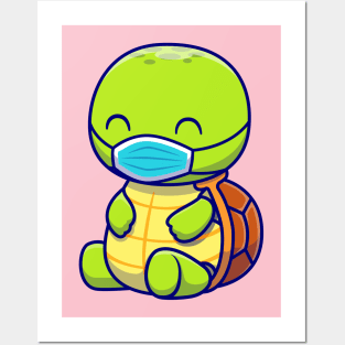 Cute Turtle Wearing Mask Cartoon Posters and Art